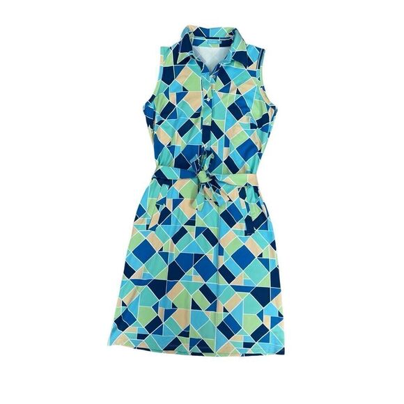 J. Mclaughlin Dolly Catalina Cloth Sleeveless Dress Belted Green/Blue Print XS - Picture 3 of 15